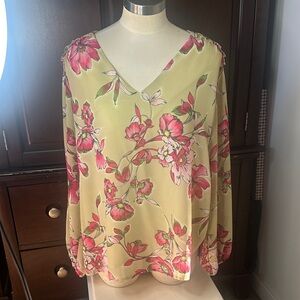 Belle by Kim Gravel Floral V-Neck Blouse - Pink and Cream